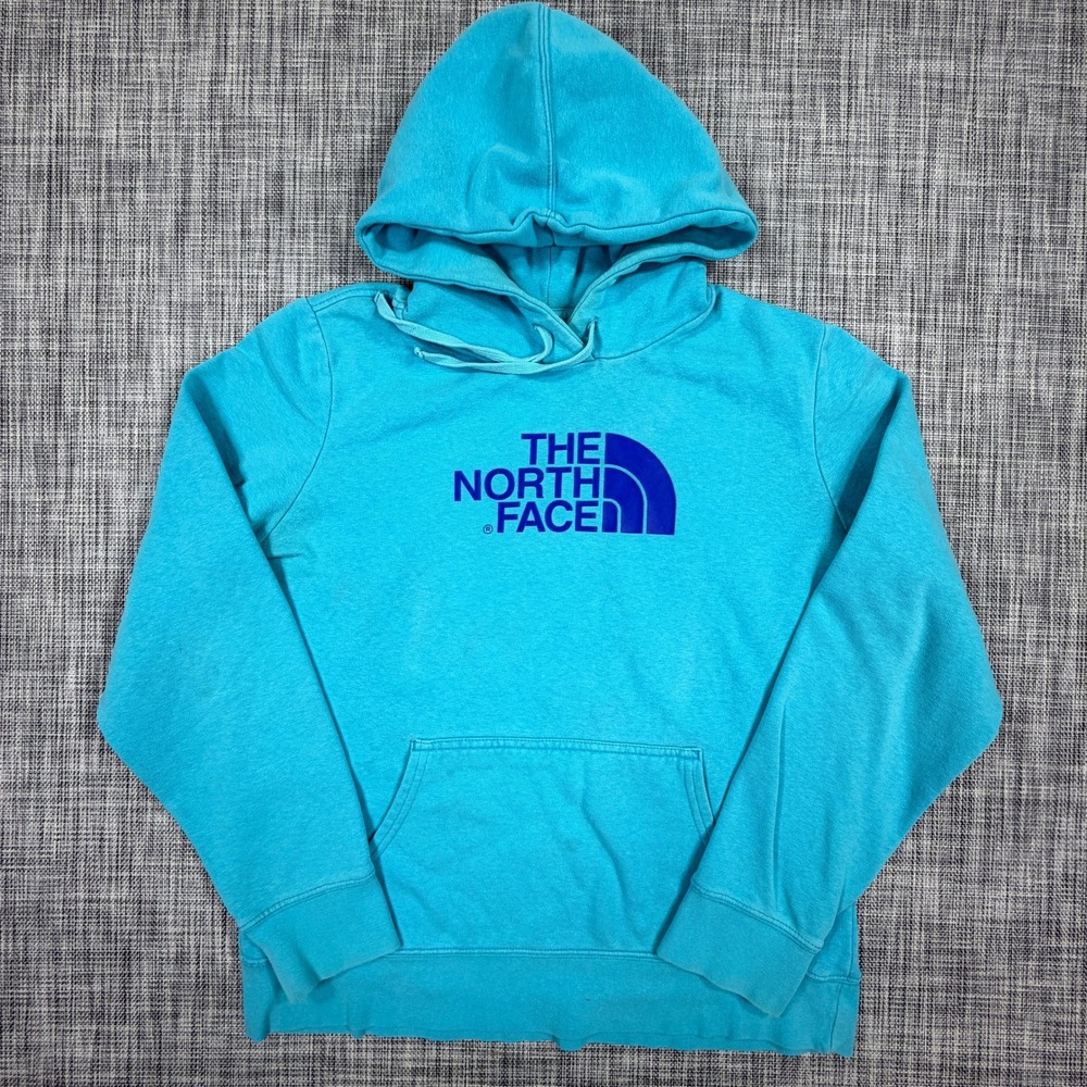 The North Face Womens Large Blue Purple Logo Fleece Hoodie Cotton Blend Pullover